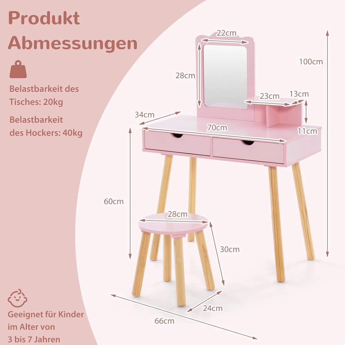 Costway Kaptafel & Bureau voor meisje 3-7 jaar - Roze met spiegel en 2 laden — afbeelding 8