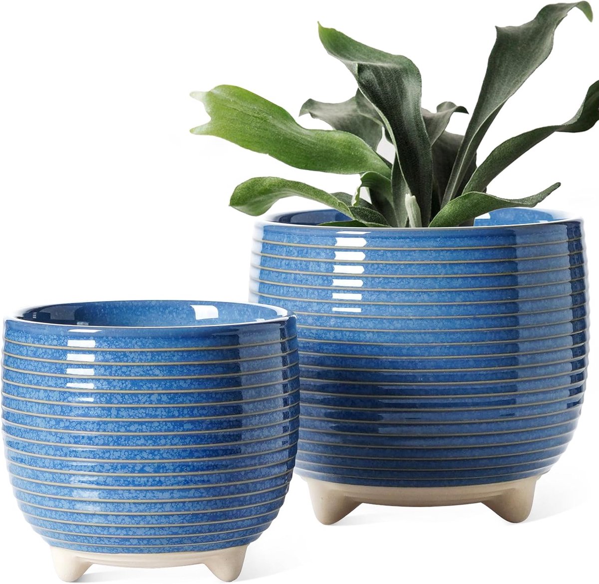 Famanu - Keramische Plantenpotten, 12 + 16 cm Voetpotten voor Planten, Moderne Bloempotten voor thuis en op Kantoor, Binnenplantenbakken met Afvoer, Reactief Glazuur Blauw