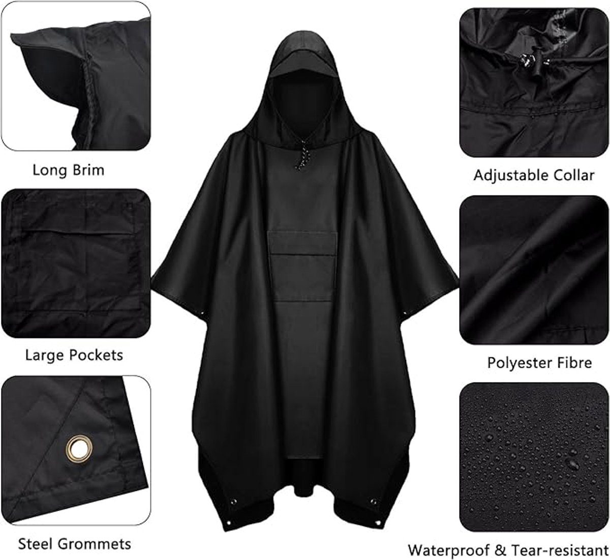 Regenponcho voor heren, waterdicht, 210T Oxford waterdicht, regenjas, regenponcho, festival, fiets, wandelen, 3-in-1, regenjas met capuchon, voor kamperen, vissen, zwart, L Grote maten