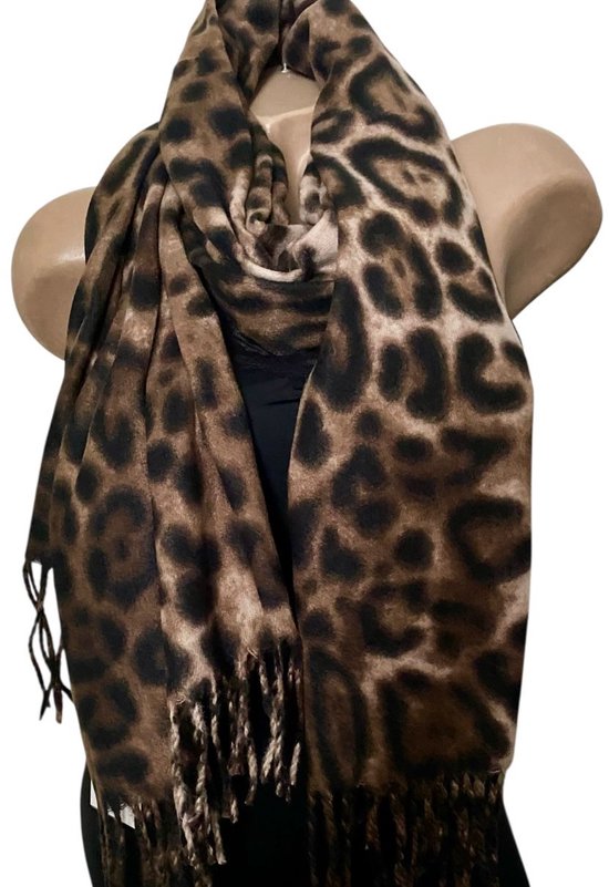 Dames warme sjaal lang met panterprint bruin/zwart