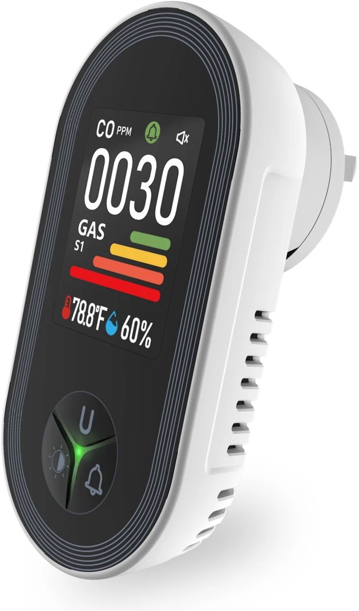 Moes 4-in-1 CO meter | Koolmonoxide melder | gas meter | Temperatuur sensor | Luchtvochtigheid meter | ingebouwd alarm voor waarschuwing | Stekker | luchtkwaliteitsmeter | geschikt voor CV installaties of gashaarden