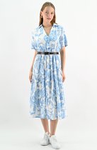 YesMooi - Midi Blousejurk met Ceintuur - Lichtblauwe Bladprint - L (40)