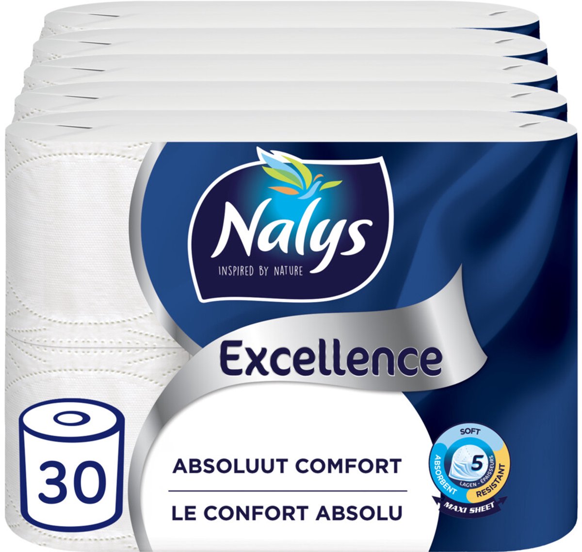 Nalys Excellence Maxi-Vel Toiletpapier In Papieren Verpakking 5-Laags - 5 x 6 stuks - Voordeelverpakking