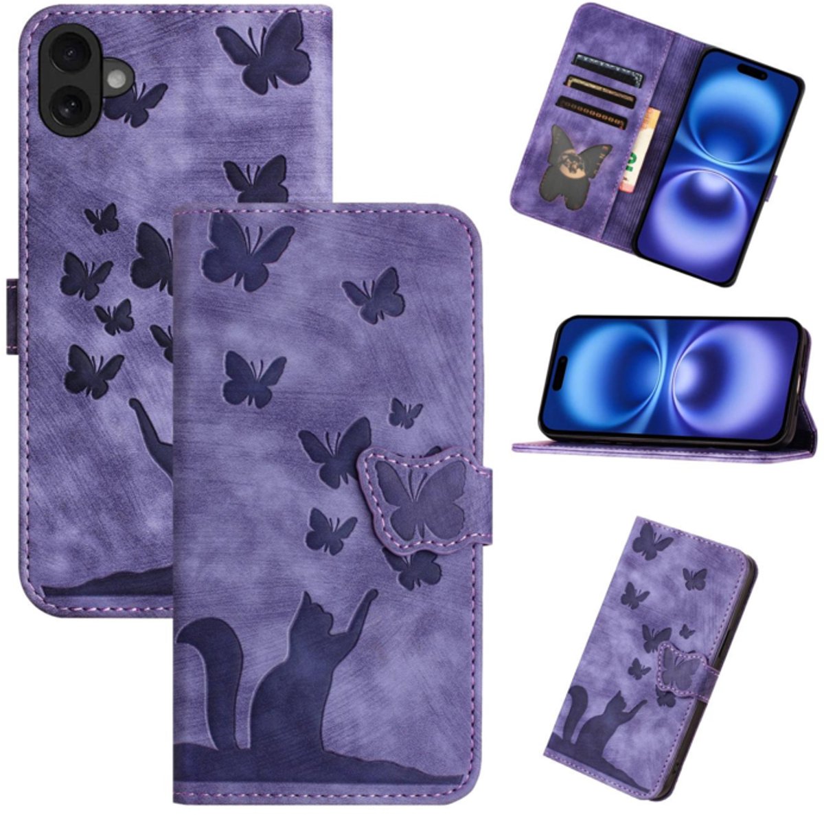 BookCover Hoes Etui geschikt voor Apple iPhone 17 - Vlinders en Kat - Paars - Reliëf