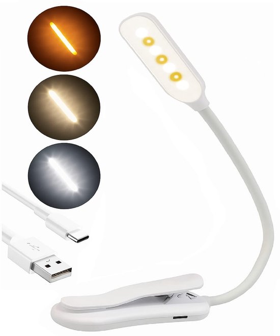 Wit LED leeslampje met klem, flexibele hals, en USB-A naar USB-C kabel, toont warme, natuurlijke en koele lichtopties.