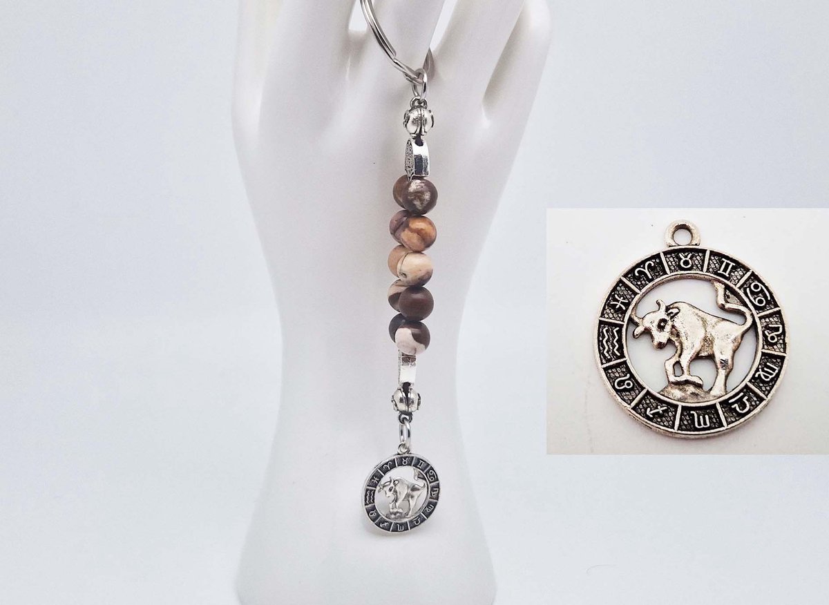 Handgemaakte Natuurstenen Sleutelhanger " Australia zebra jasper "- Met metaal hanger - 8 mm diameter van de korrel- Mooie accessoire en decoratie voor de auto-Vaderdag Cadeau -Moderdag Cadeau - Cadeau vrienden