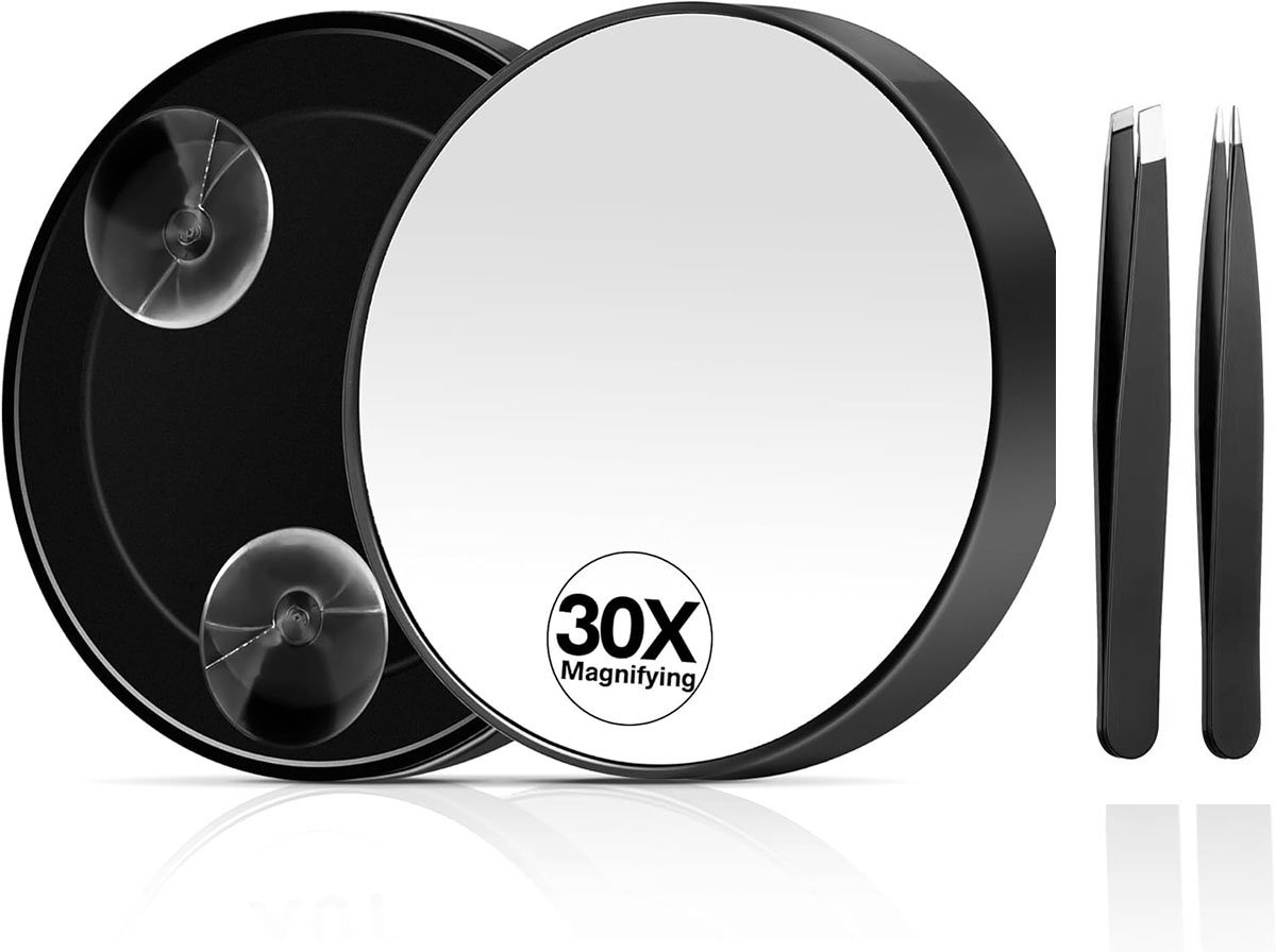 Vitdipy - Mini Make Up Spiegel - Met Zuignap - 30x Vergroting - Reisspiegel - Pincet Epileer - Zwart