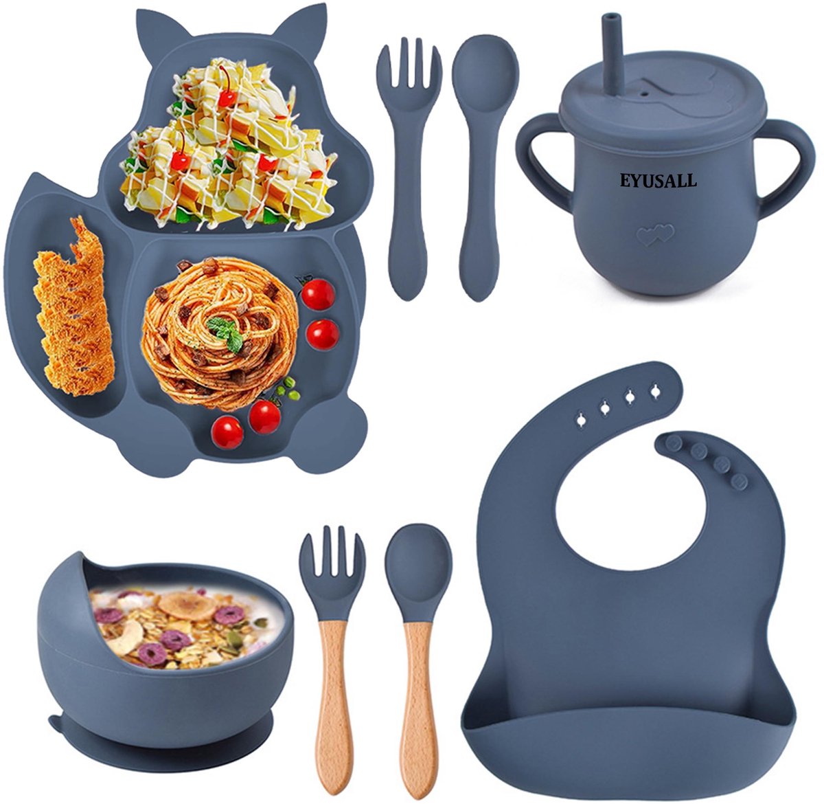 EYUSALL Kinderservies set Siliconen - 9-Delig - Antislip - Eekhoornmotief Bord - Met Lepel/Vork/Kom