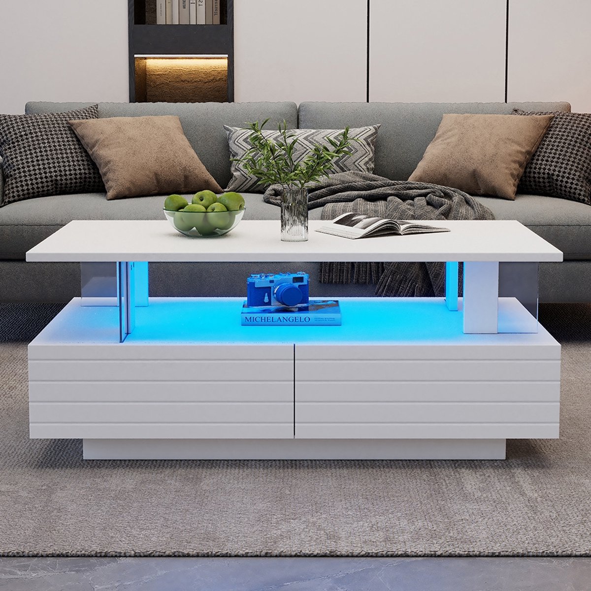 KOMHTOM BLACKCOLORS Witte LED-salontafel met opbergfunctie, LED-salontafel van acryl, bijzettafel, rechthoekige salontafel met dubbele laag en Bluetooth-bediening via een mobiele app, geschikt voor feesten, kantoren