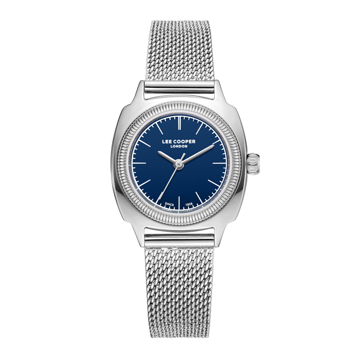 Lee Cooper LC08221.390 - Horloge - Polshorloge - Analoog - Dames - Vrouwen - Milanese-Mesh stalen band - Metaal - Vierkant - Rond - Strepen - Zilverkleurig - Donkerblauw - Wit
