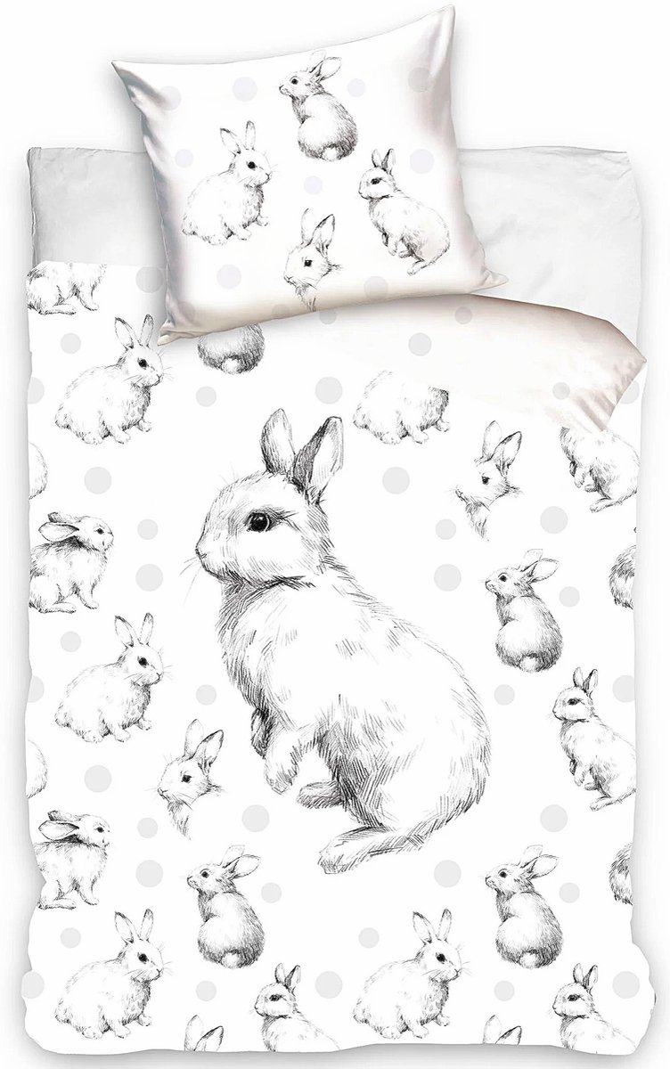 1-persoons dekbedovertrek (dekbed hoes) wit met kleine schattige konijntjes / konijnen (haasjes / rabbit / dier) met stippen (schets, tekening, silhouet) KATOEN eenpersoons 140 x 200 cm (lief beddengoed kinderen en volwassenen!)