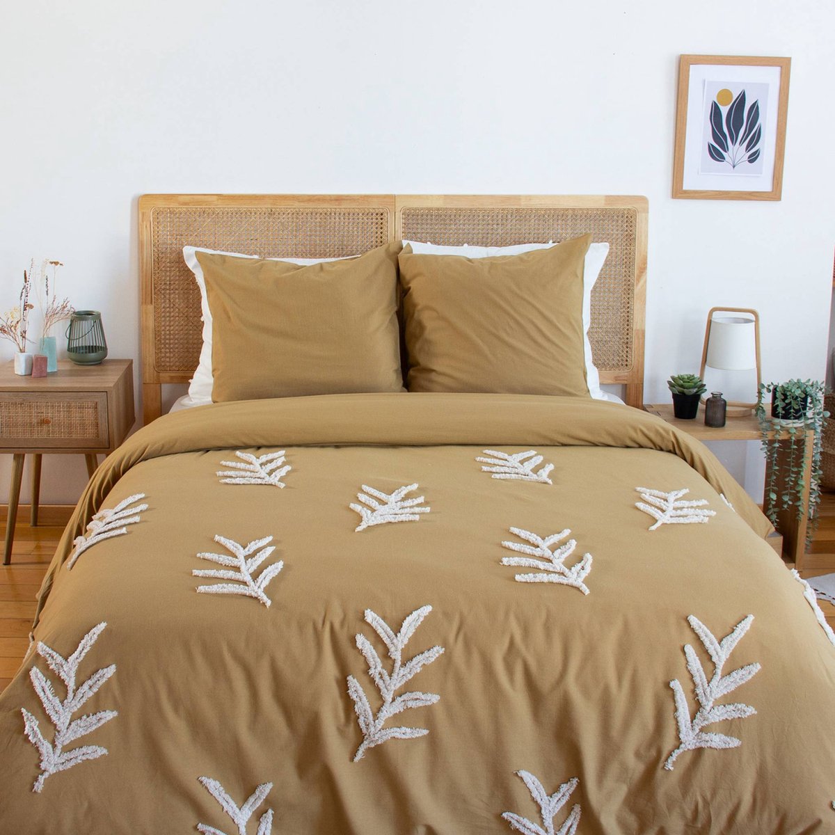 sweeek - 2-persoons beddengoedset van gewassen katoen met getufte plantmotieven mosterdgeel - artemis