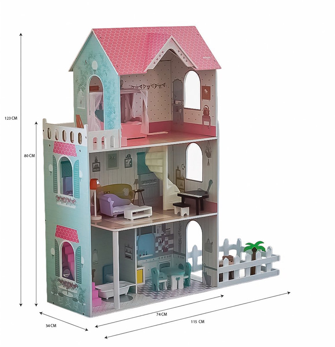 Speelgoedtopdeals - Houten Poppenhuis XXL - 123 cm - 27-delig - Duurzaam speelgoed - Rollenspel
