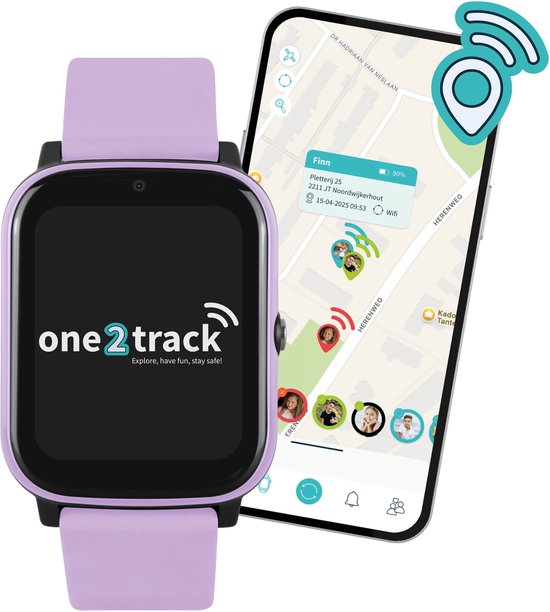 One2track Connect NEXT paars | GPS horloge voor kinderen | Bekijk de locatie van je kind. Stel veilige zones in. En videobellen met de leukste smartwatch voor kinderen
