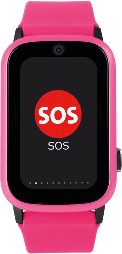 Roze one2track smartwatch met een groot rood SOS-icoon op het scherm.