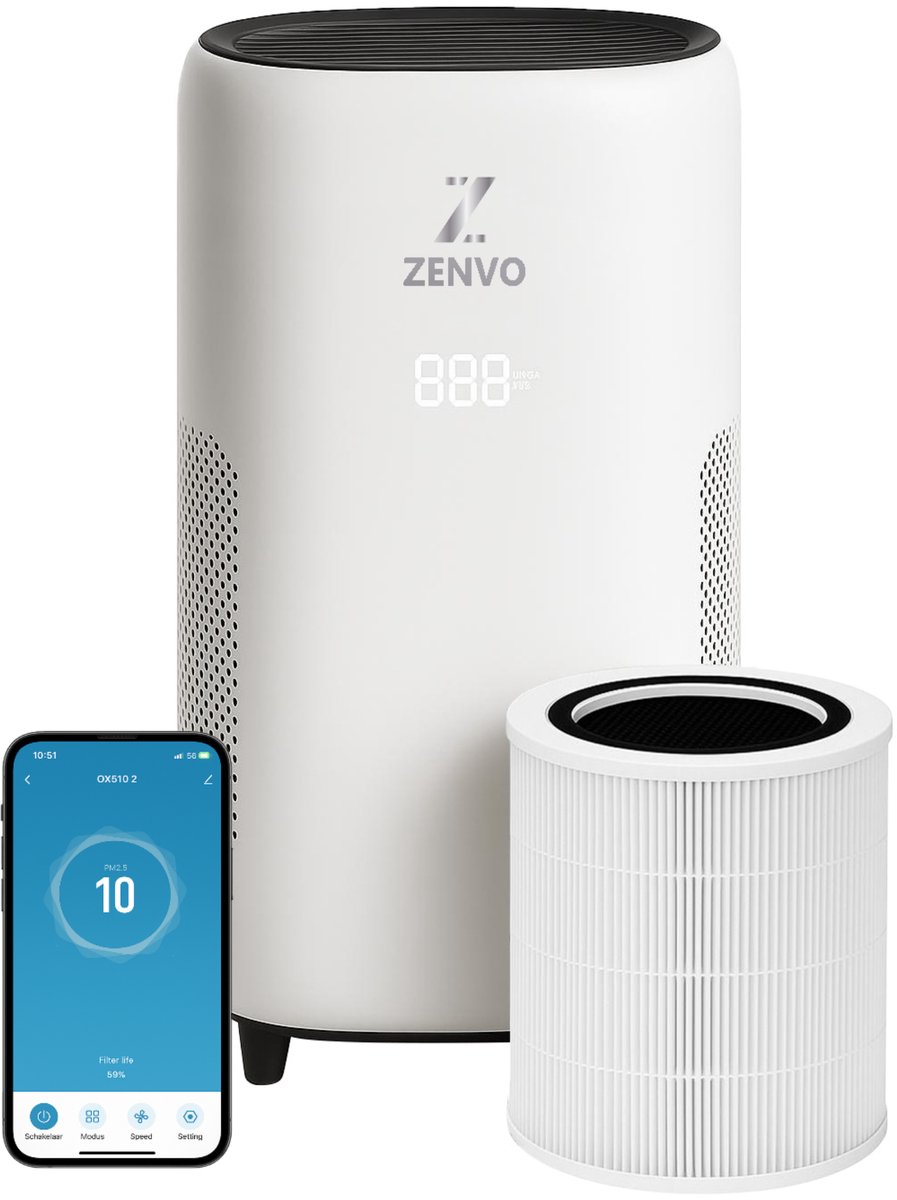 Zenvo Luchtreiniger WiFi - HEPA 13 + Koolstoffilter - 360 m³/u CADR - PM2.5 Sensor - Geschikt tot 50 m² - UV-C