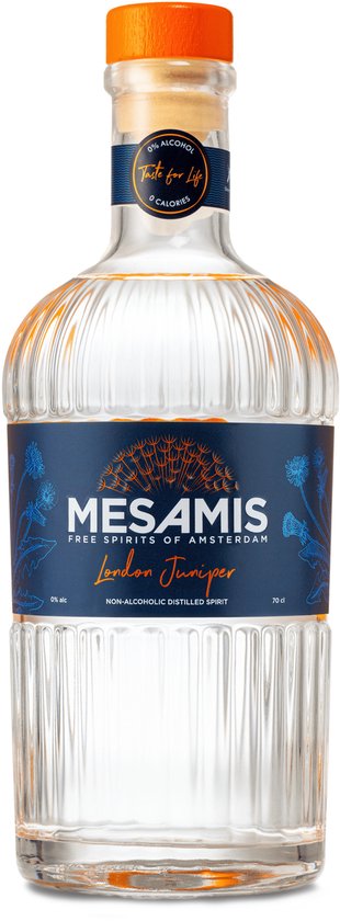Fles Mesamis London Juniper met oranje dop en een label met blauwe bloemen en de tekst "London Juniper".