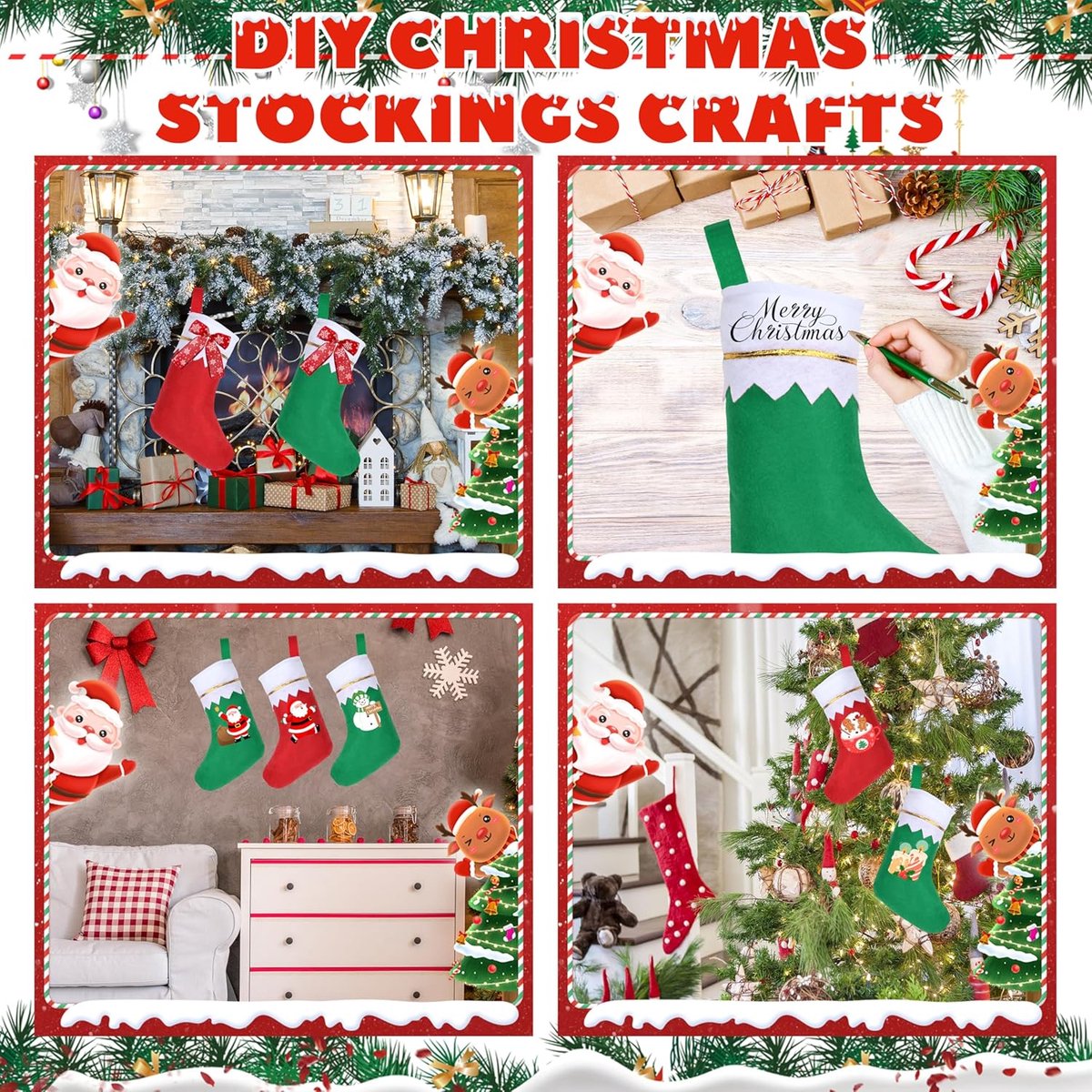 Kerstkousenset – 12 stuks, 42 cm van vilt, open haard kerstsok om op te hangen, kerstlaarzen om te vullen, kerstkousen, decoratie, kerststocking voor Kerstmis, 6 rood 6 grijs