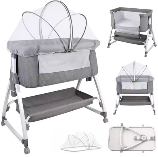 Lunola 3 In 1 Co Sleeper - Baby Bed - Peuterbed - Meegroeibed - Schommelfunctie - Verstelbaar - Grijs
