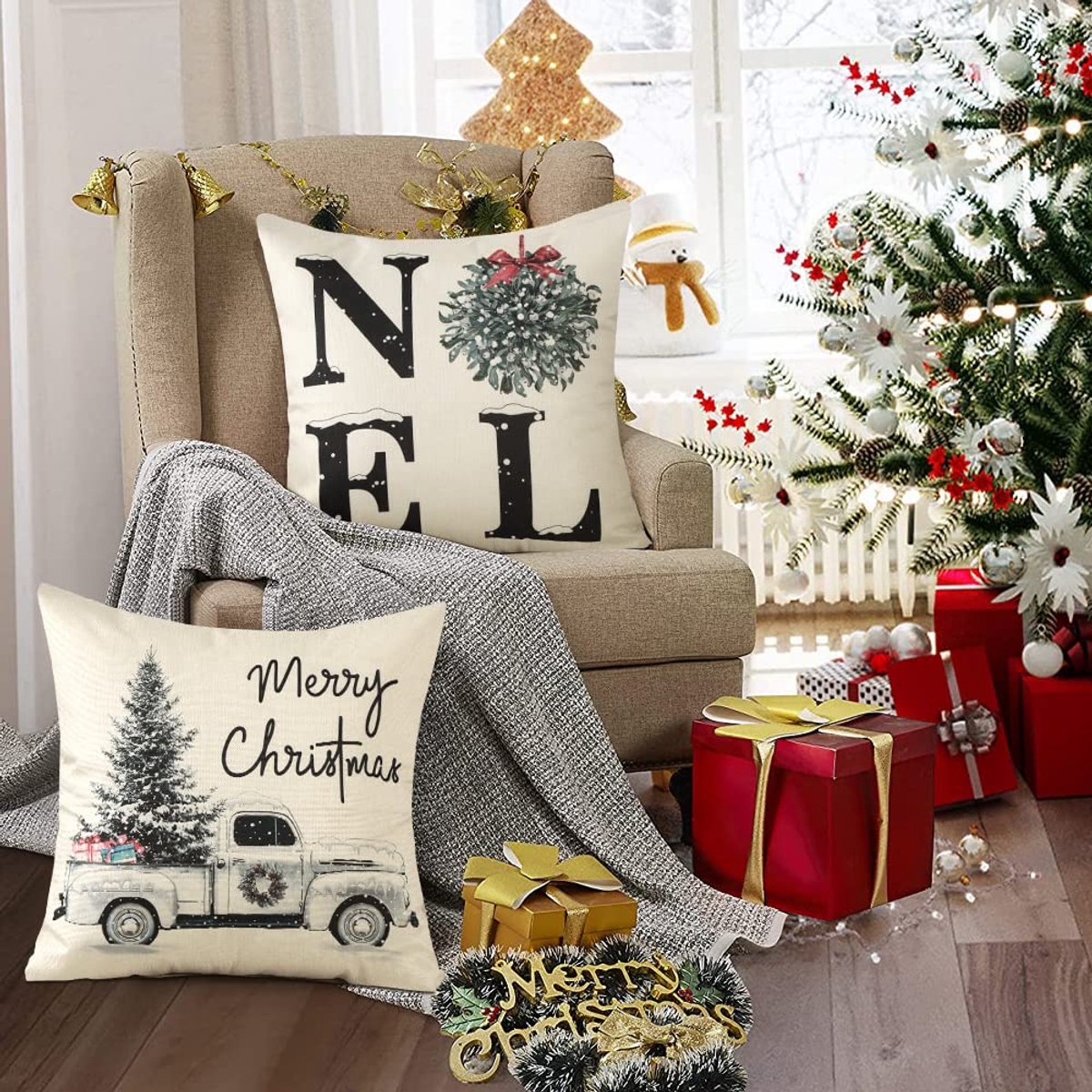 Unyqoos Set van 4 decoratieve kussenhoezen met kerstthema voor huisdecoratie wit