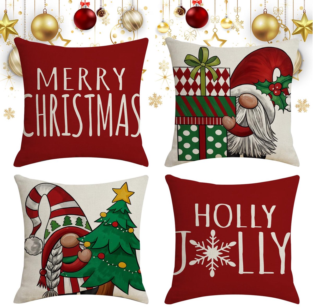 Unyqoos Set van vier decoratieve kussenslopen met kerstmotief voor huisdecoratie rood