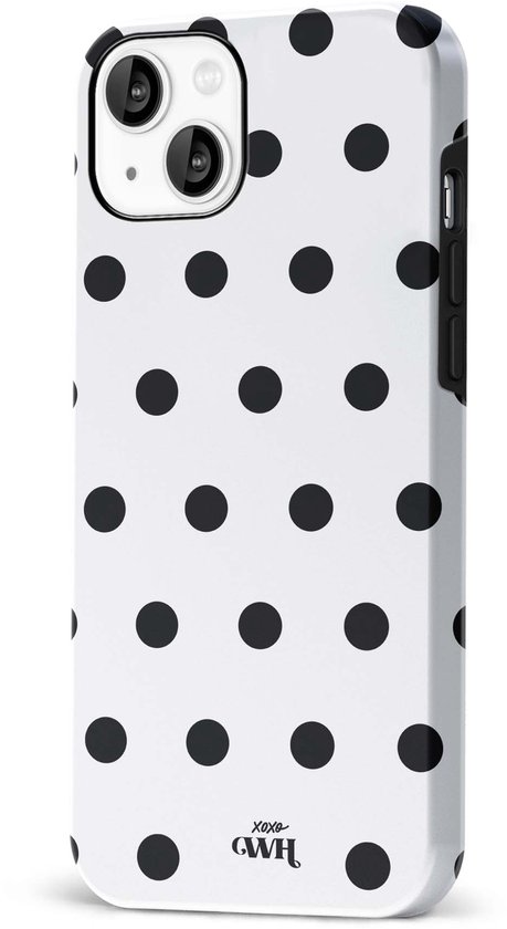 Wit telefoonhoesje met zwart stippatroon en 'xoxo GWH' logo.