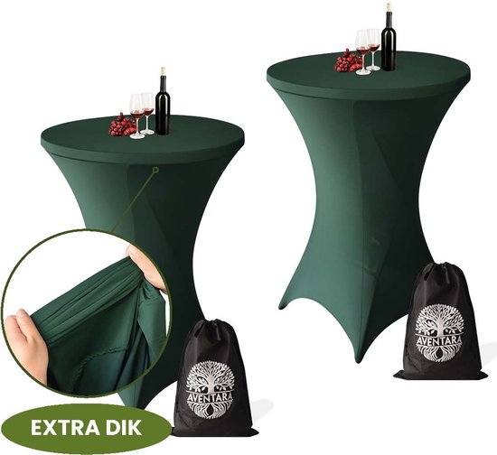 Donkergroene statafelrok van extra dikke stof, getoond met opbergtas en detail van de stof.