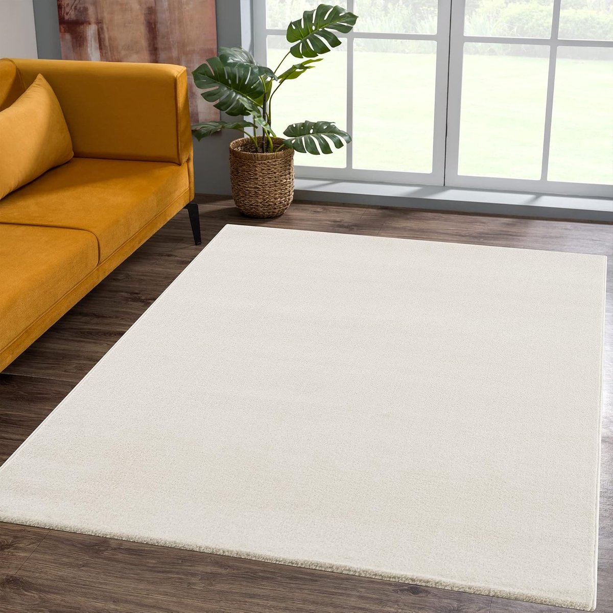 Famanu - Laagpolig tapijt voor de woonkamer, effen moderne tapijten kamer, werkkamer, kantoor, hal, kinderkamer en keuken, crème, 60 x 110 cm