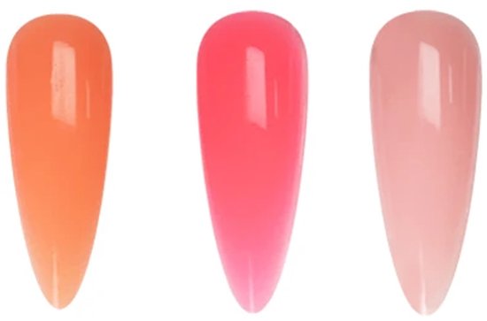 Drie nagelkunst tips met gel in de kleuren Sunset Orange, Neon Flirt Pink en Vintage Pink.