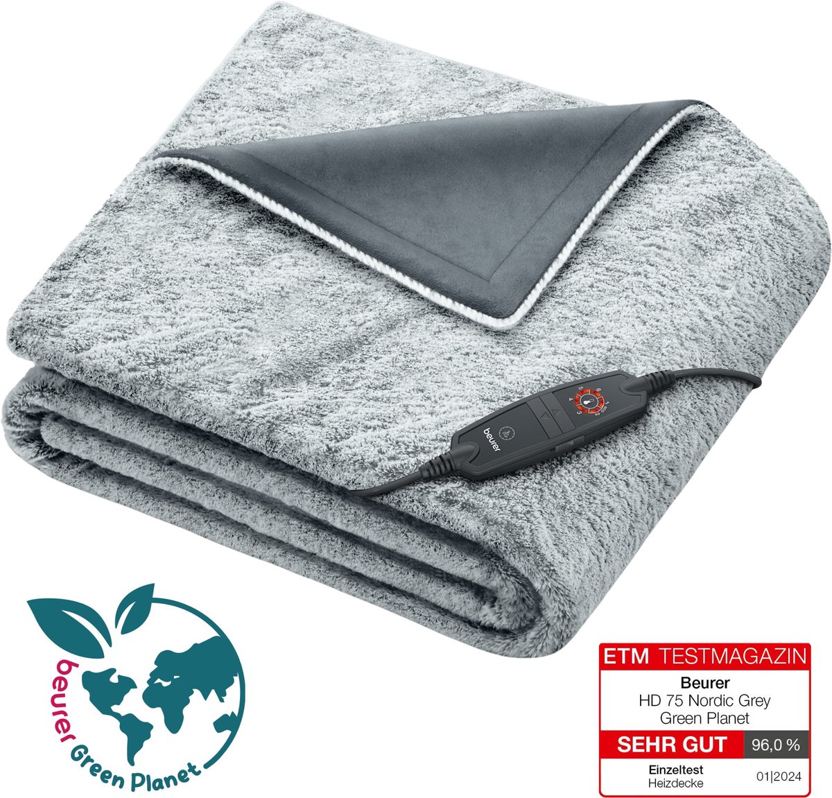 Beurer Warmtedeken | 180 x 130 cm | HD 75 Green Planet | Nordic | Duurzaam | 6 Warmtestanden | Luxe elektrische bovendeken | Automatische uitschakeling | Ultrazachte fleece | Machinewasbaar | 3 Jaar garantie | Grijs mix