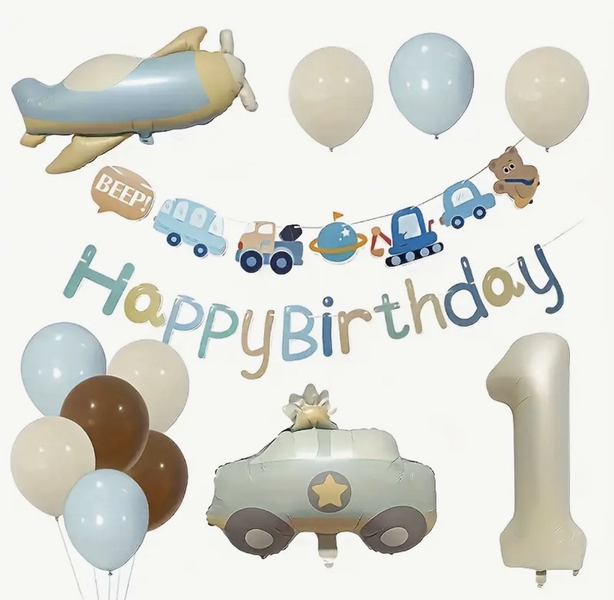 Verjaardagsdecoratie Set – Thema Voertuigen & Verkeer – 1 Jaar – Jongens – Ballonnen & Slinger – Compleet Feestpakket