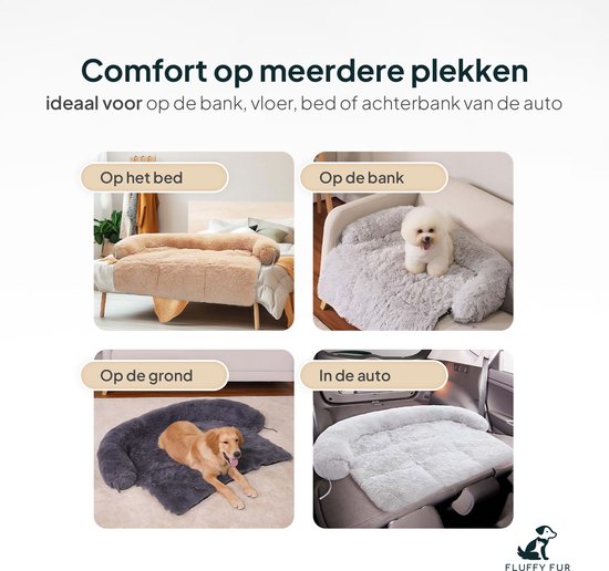 Grijze hondenkussens in verschillende configuraties: op bed, bank, vloer en in de auto.