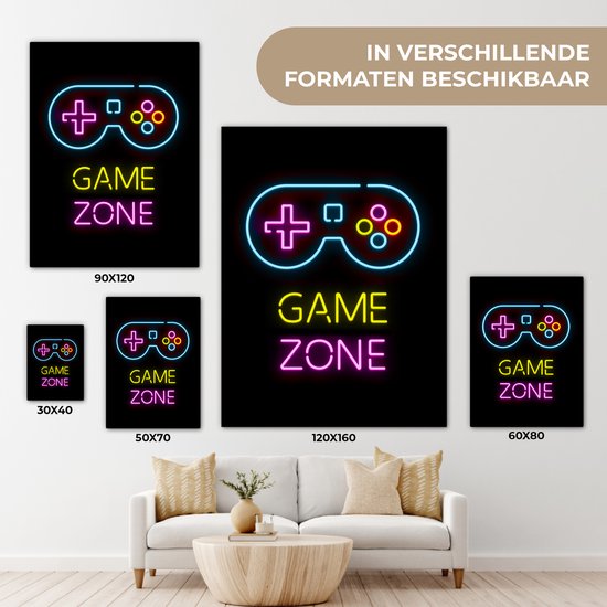 Différentes tailles de toiles avec une manette style néon et le texte 'GAME ZONE'.