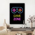 Toile noire avec néons : manette bleue, texte jaune 'GAME', texte rose 'ZONE', sur un mur décoré.