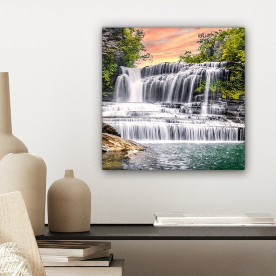 Peinture sur toile - Cascade - Arbre - Plantes - Rocher - Peintures salon - Chambre - Tableaux sur toile nature - Décoration murale - 20x20 cm