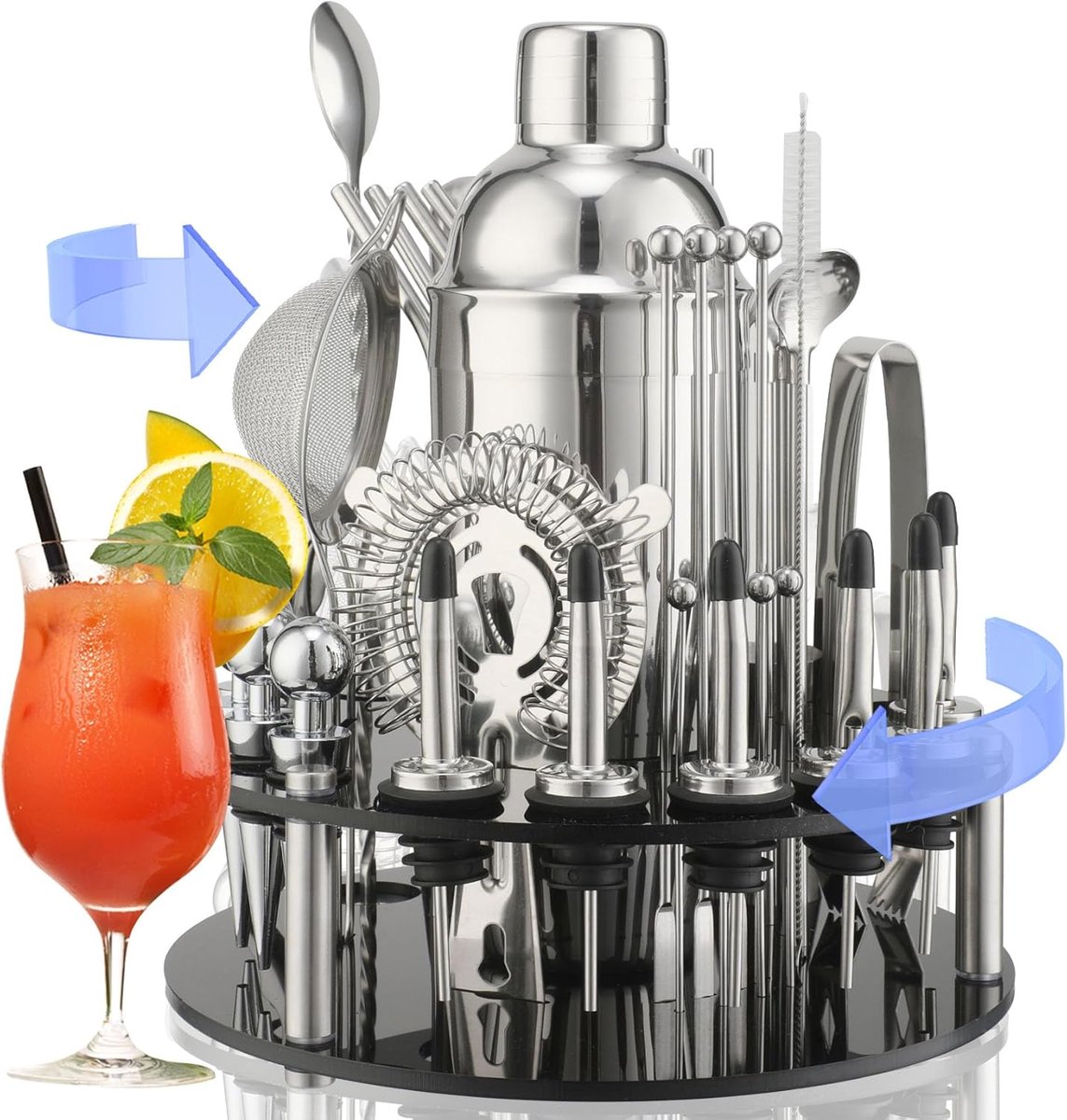 41-delige cocktailshaker set met draaibare acryl standaard