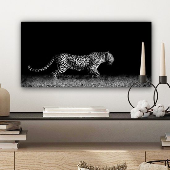 Peinture sur toile - Animaux sauvages - Léopard - Herbe - Zwart - Wit - Canvasdoek - 40x20 cm - Photo sur toile - Décoration murale