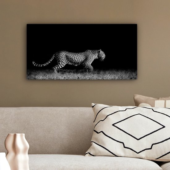 Peinture sur toile - Animaux sauvages - Léopard - Herbe - Zwart - Wit - Canvasdoek - 40x20 cm - Photo sur toile - Décoration murale