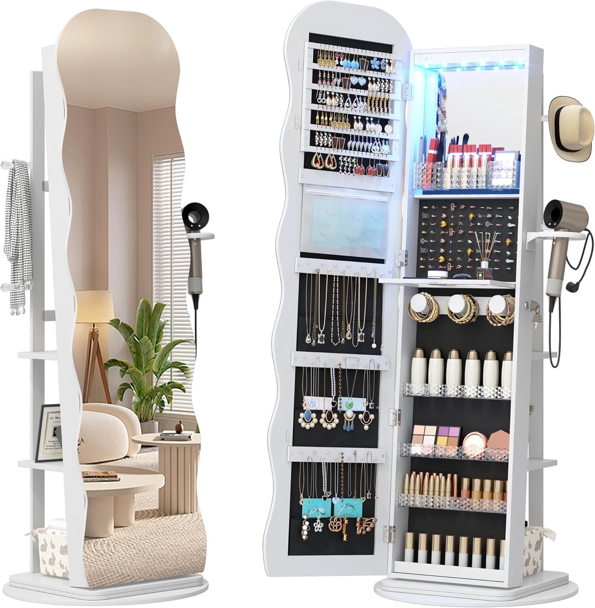 Led-sieradenkast met golvende spiegel en 360° draaibare functie - Afsluitbare staand kast voor sieraden en accessoires