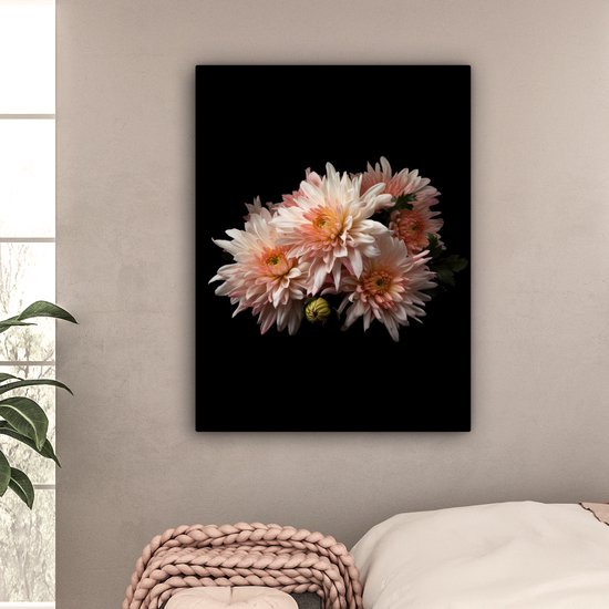 Tableau sur toile Chrysanthème - Fleurs - Wit - Nature - Zwart - 90x120 cm - Décoration murale