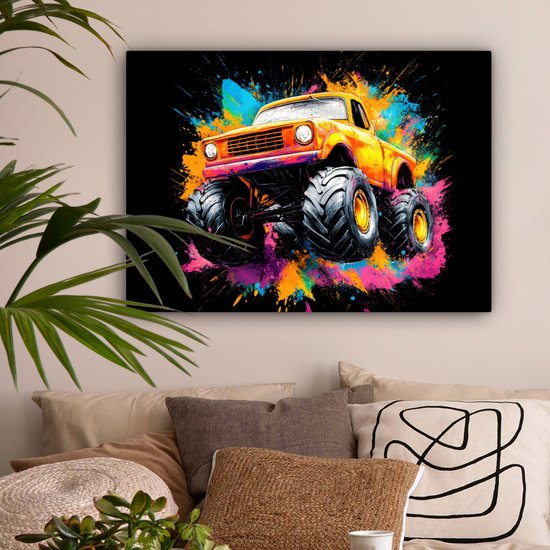 Canvas schilderij 80x60 cm - Wanddecoratie Graffiti - Auto - Monstertruck – Kleurrijk - Muurdecoratie woonkamer - Slaapkamer decoratie - Kamer accessoires - Schilderijen op canvas