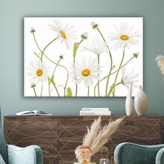 Peinture sur toile - Canvasdoek - Fleurs - Marguerite - Wit - Jaune - Plantes - Décoration murale - 150x100 cm - Photo sur toile