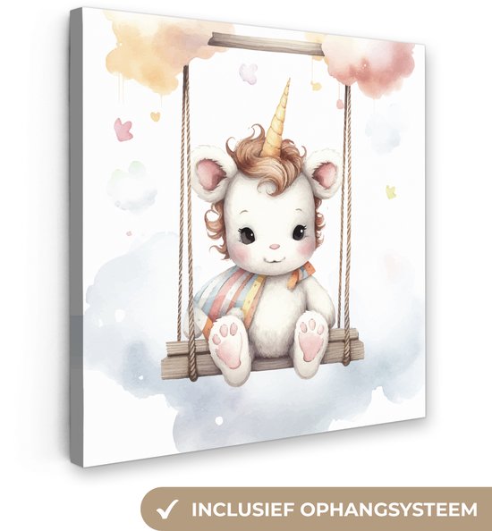 Canvas schilderij 50x50 cm - Wanddecoratie kinderkamer Eenhoorn - Dier - Kinderen - Unicorn - Muurdecoratie babykamer - Kamer decoratie voor jongens en meisjes - Baby accessoires - Schilderijen