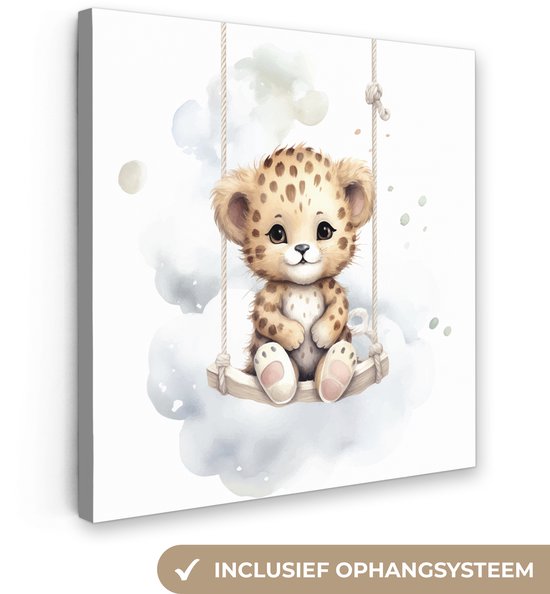 Canvas schilderij 20x20 cm - Wanddecoratie kinderkamer Luipaard - Dier - Kinderen - Muurdecoratie babykamer - Kamer decoratie voor jongens en meisjes - Baby accessoires - Schilderijen