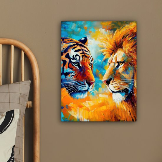 Canvas schilderij 30x40 cm - Wanddecoratie Dieren - Kunst - Leeuw - Tijger - Muurdecoratie woonkamer - Slaapkamer decoratie - Kamer accessoires - Schilderijen op canvas