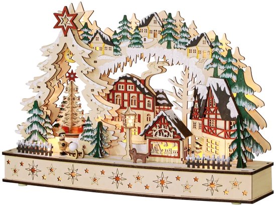 Kerstdorp in Winterwonderland - Kersthuisjes & Kerstdorpen - met 20 LED-lampjes - Meerlagig - Natuurlijk Hout - 45x12x30 cm