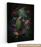 Canvas schilderij 90x120 cm - Wanddecoratie Pauw - Bloemen - Vogels - Jungle - Muurdecoratie woonkamer - Slaapkamer decoratie - Kamer accessoires - Schilderijen op canvas