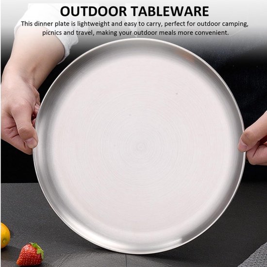 Roestvrij stalen rond servies - 2 stuks campingborden - roestvrijstalen borden - diameter 20 cm - metalen platte borden voor steaksalade - voor camping - picknick - eetkamer - keuken - feest — afbeelding 4