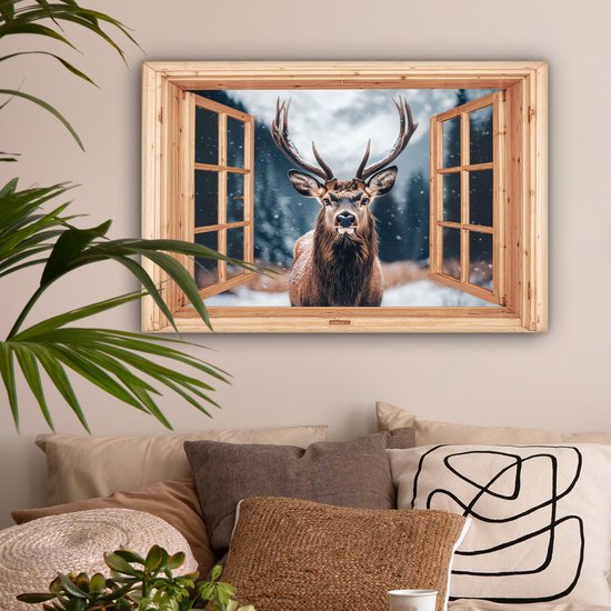 Tableau sur toile 90x60 cm - Décoration murale Vue - Cerf - Animaux - Paysage d'hiver - Neige - Décoration murale salon - Décoration chambre - Accessoires chambre - Peintures