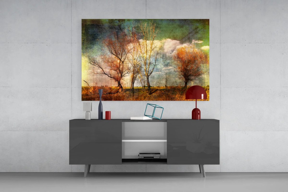 Glasschilderij - Einde van de Zomer - Landschap in de Herfst - 90x60x0.4 cm